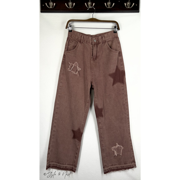 Women's Y2K Boho Baggy Star Pink Gunge Goth 90's Distressed Jeans Size Small - Picture 2 of 4